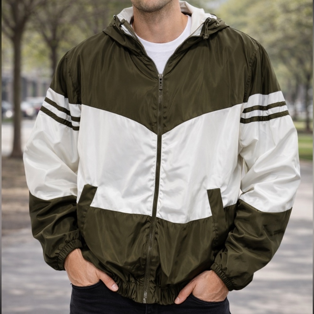 Olive and White Men's Windbreaker Jacket